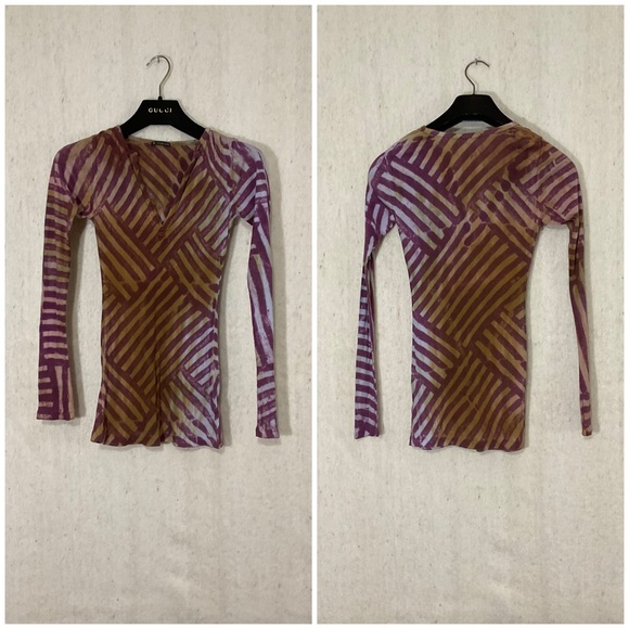 Y2K Geo Striped Tie Dye Henley Layering Top - Picture 10 of 14